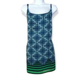 NWOT CAbi blue medallion print & green striped sleeveless top blouse Women Med